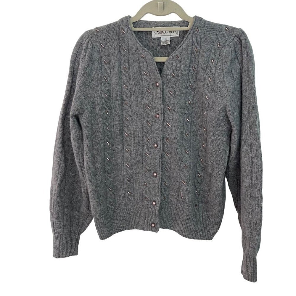 Casual Corner Womens Lambswool Angora Cardigan Size Small Vintage Pearl Gray